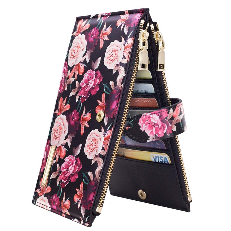 Coco Rossi Wallets for Women Rose Flowers Floral Wallet Multi Card Organizer Bifold Wallet with Zipper Pocket,Black - Image 1